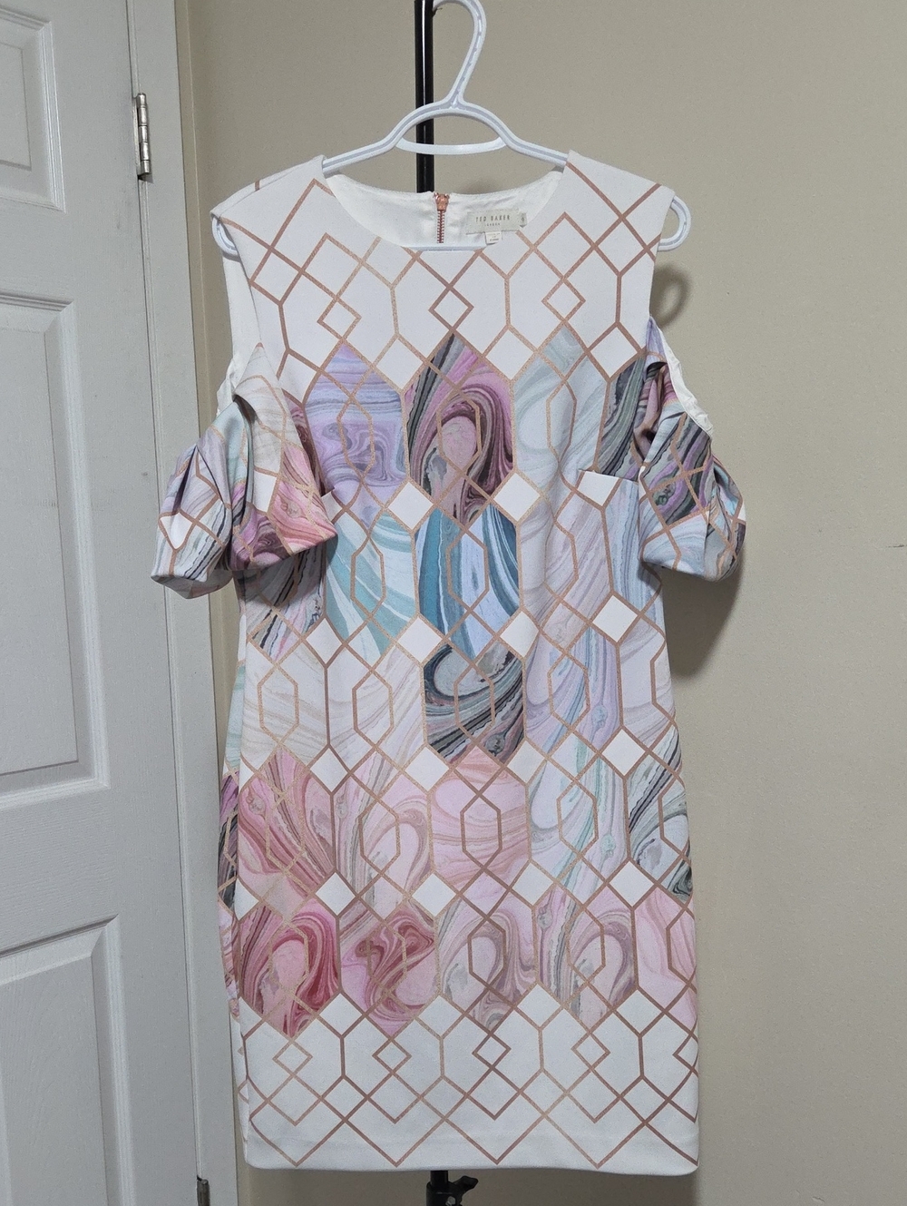 Ted Baker Pink Multi Cold-Shoulder Geometric Print Dress